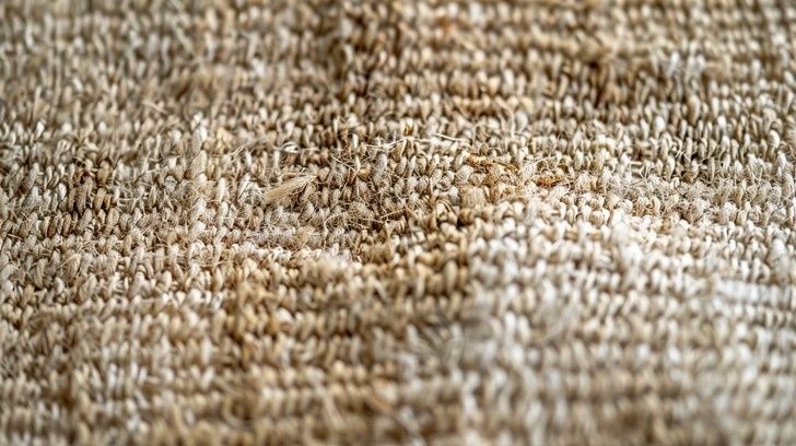 Närbild av tät, beige väv med synliga fibrer och ojämnheter
